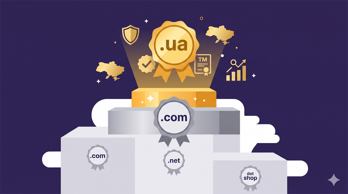 Ілюстрація, що порівнює доменні зони: premium dot ua з 5 зірками, reliable dot com dot ua з 4 зірками та international dot com з 3 зірками.